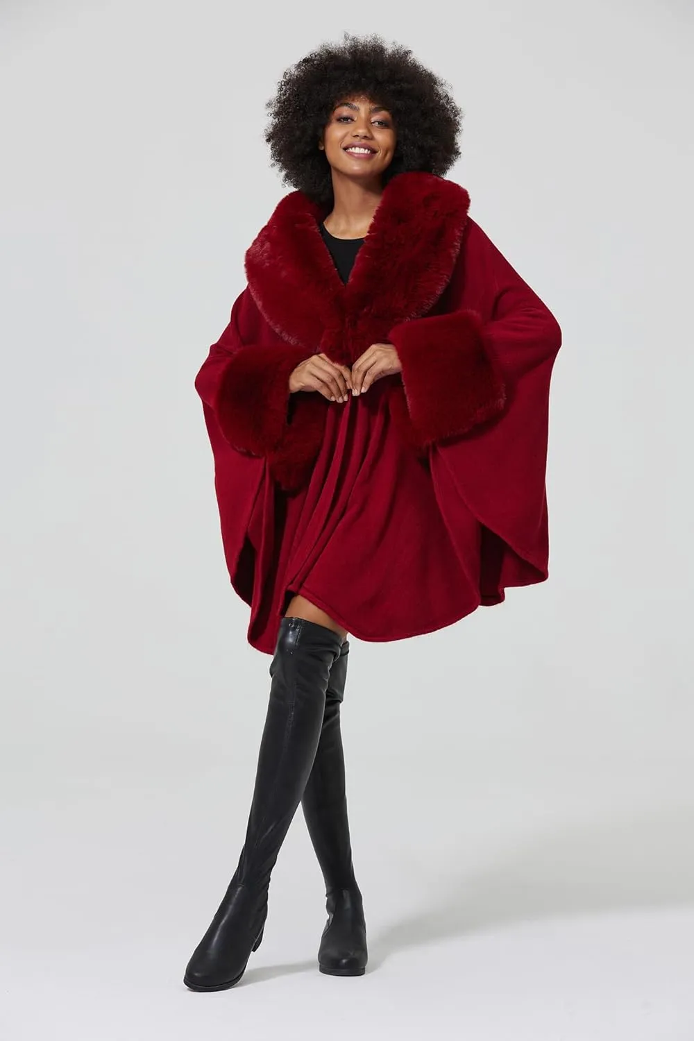 Women Cape Poncho with Fur Trim Winter Faux Fur Shawl Wrap Coat Sleeveless Cardigan Cloak