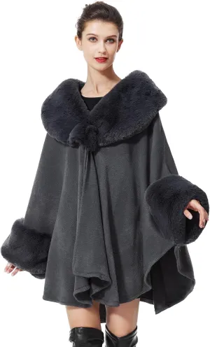 Women Cape Poncho with Fur Trim Winter Faux Fur Shawl Wrap Coat Sleeveless Cardigan Cloak