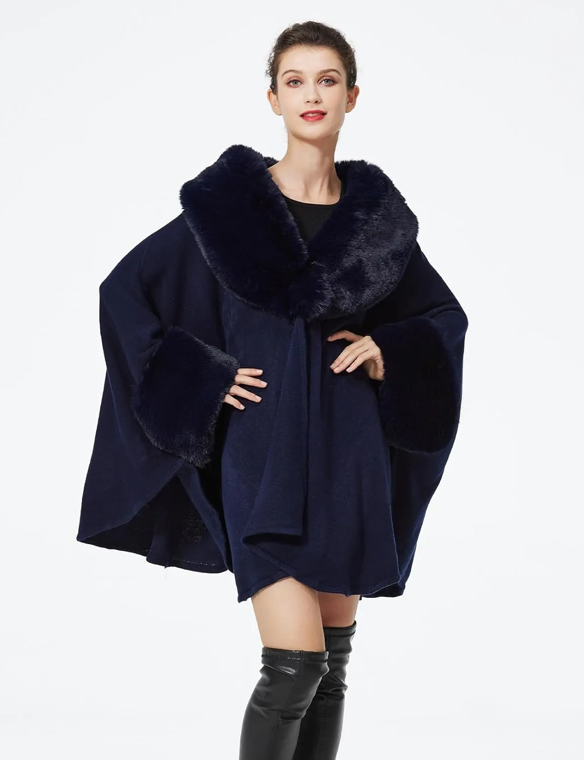 Women Cape Poncho with Fur Trim Winter Faux Fur Shawl Wrap Coat Sleeveless Cardigan Cloak