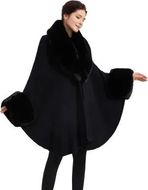 Women Cape Poncho with Fur Trim Winter Faux Fur Shawl Wrap Coat Sleeveless Cardigan Cloak