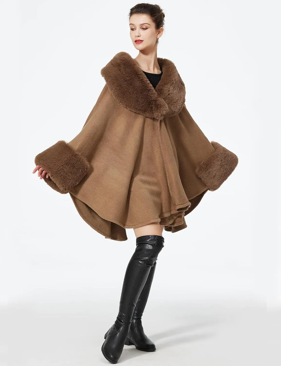 Women Cape Poncho with Fur Trim Winter Faux Fur Shawl Wrap Coat Sleeveless Cardigan Cloak
