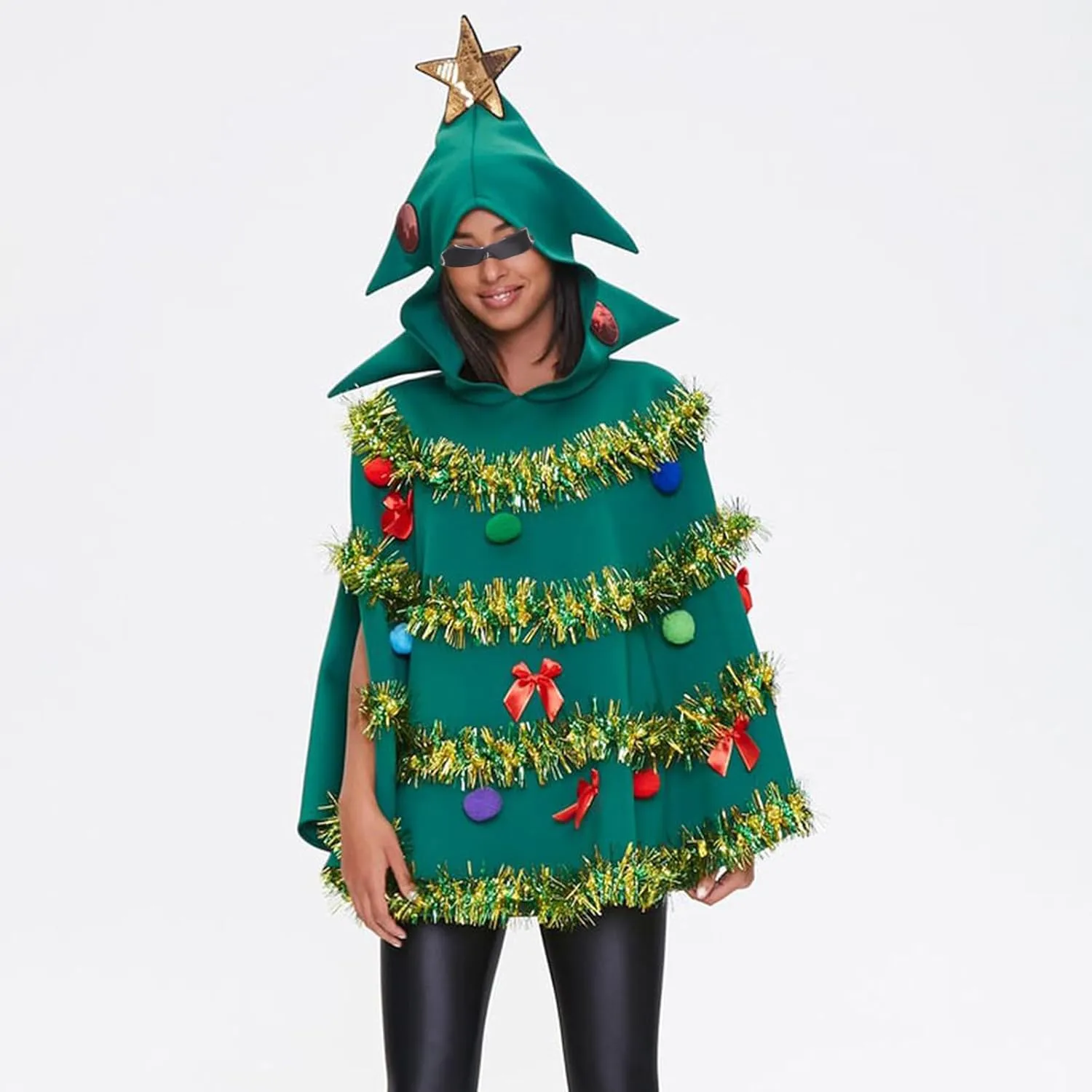Women Christmas Tree Cloak Bow Ball Hooded Cape Xmas Green Poncho Costume Prop for Cosplay Party
