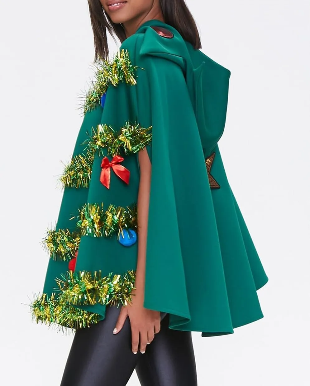 Women Christmas Tree Cloak Bow Ball Hooded Cape Xmas Green Poncho Costume Prop for Cosplay Party