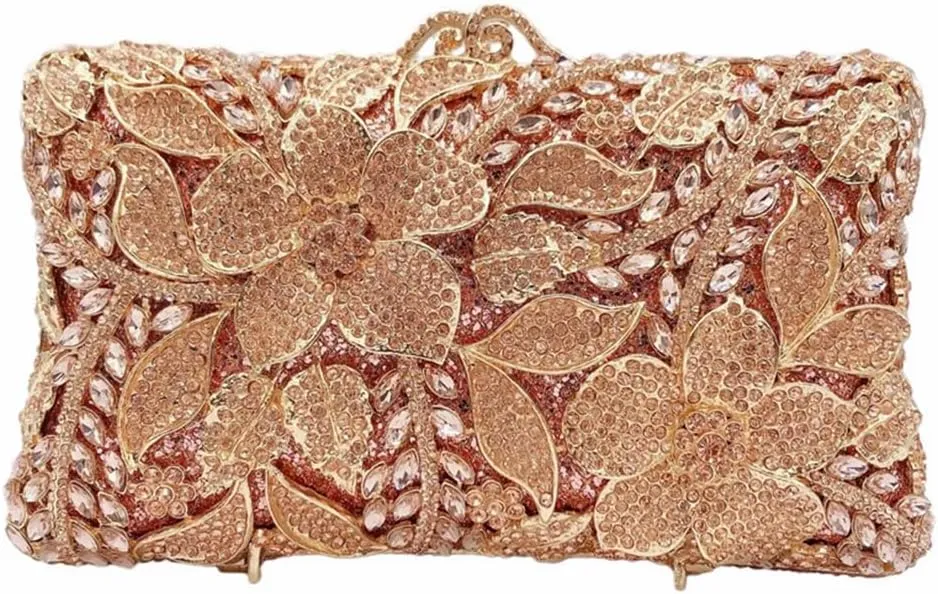 Women Elegant Floral Crystal Evening Bag Sparkling Flower Rhinestones Handbags Diamond Purse for Wedding Prom Party