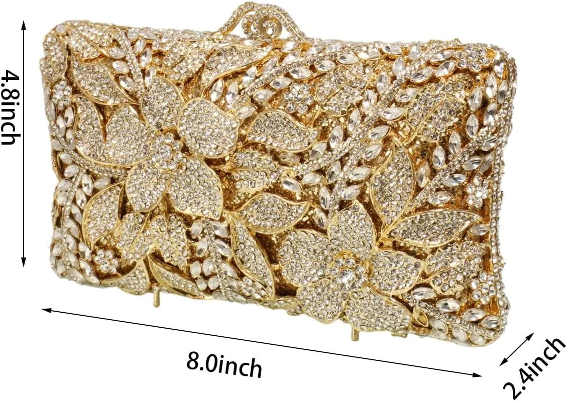 Women Elegant Floral Crystal Evening Bag Sparkling Flower Rhinestones Handbags Diamond Purse for Wedding Prom Party