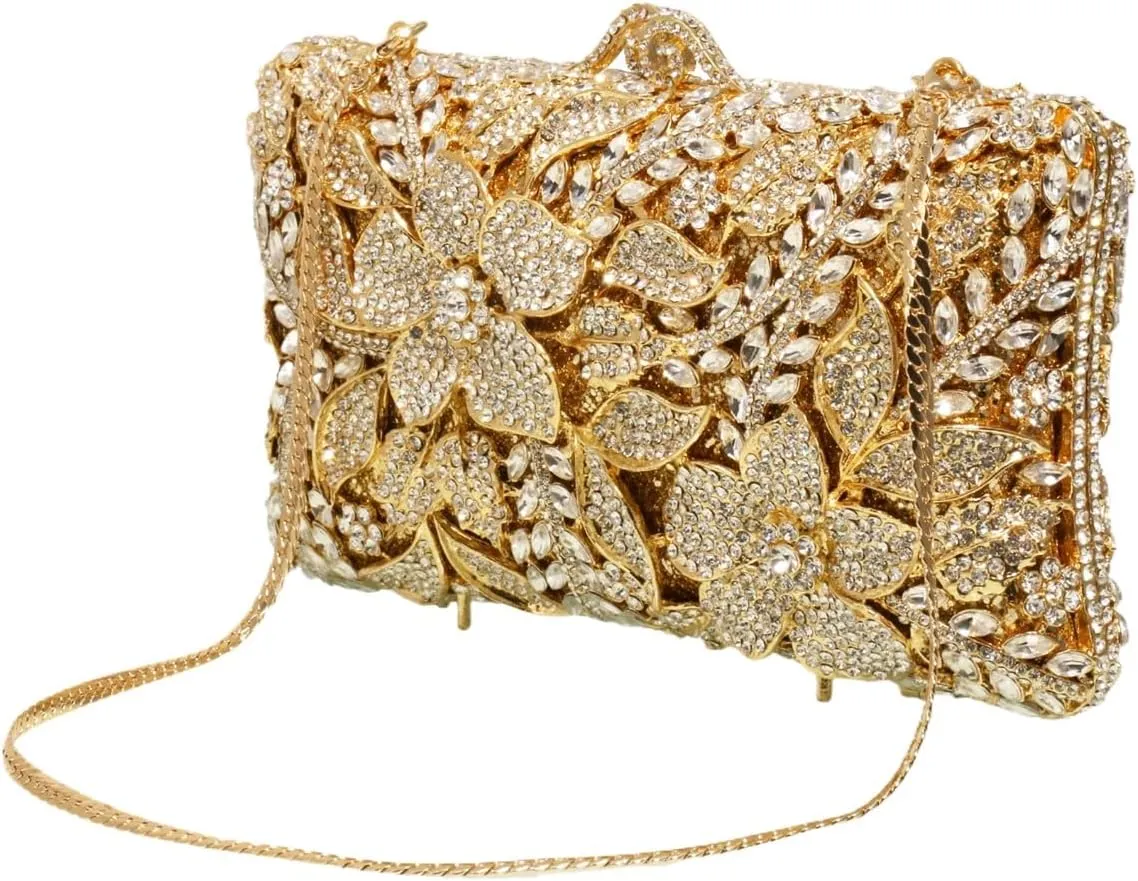 Women Elegant Floral Crystal Evening Bag Sparkling Flower Rhinestones Handbags Diamond Purse for Wedding Prom Party