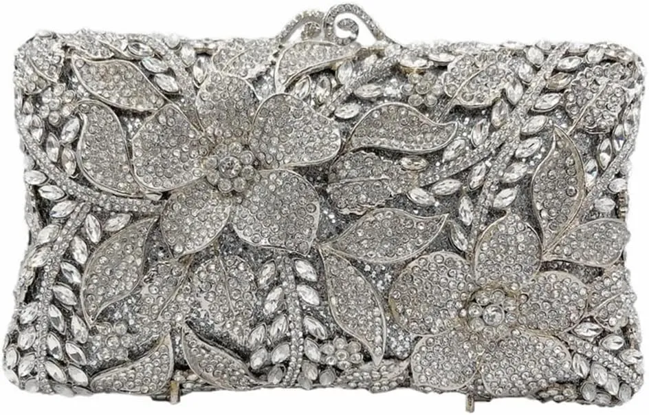 Women Elegant Floral Crystal Evening Bag Sparkling Flower Rhinestones Handbags Diamond Purse for Wedding Prom Party