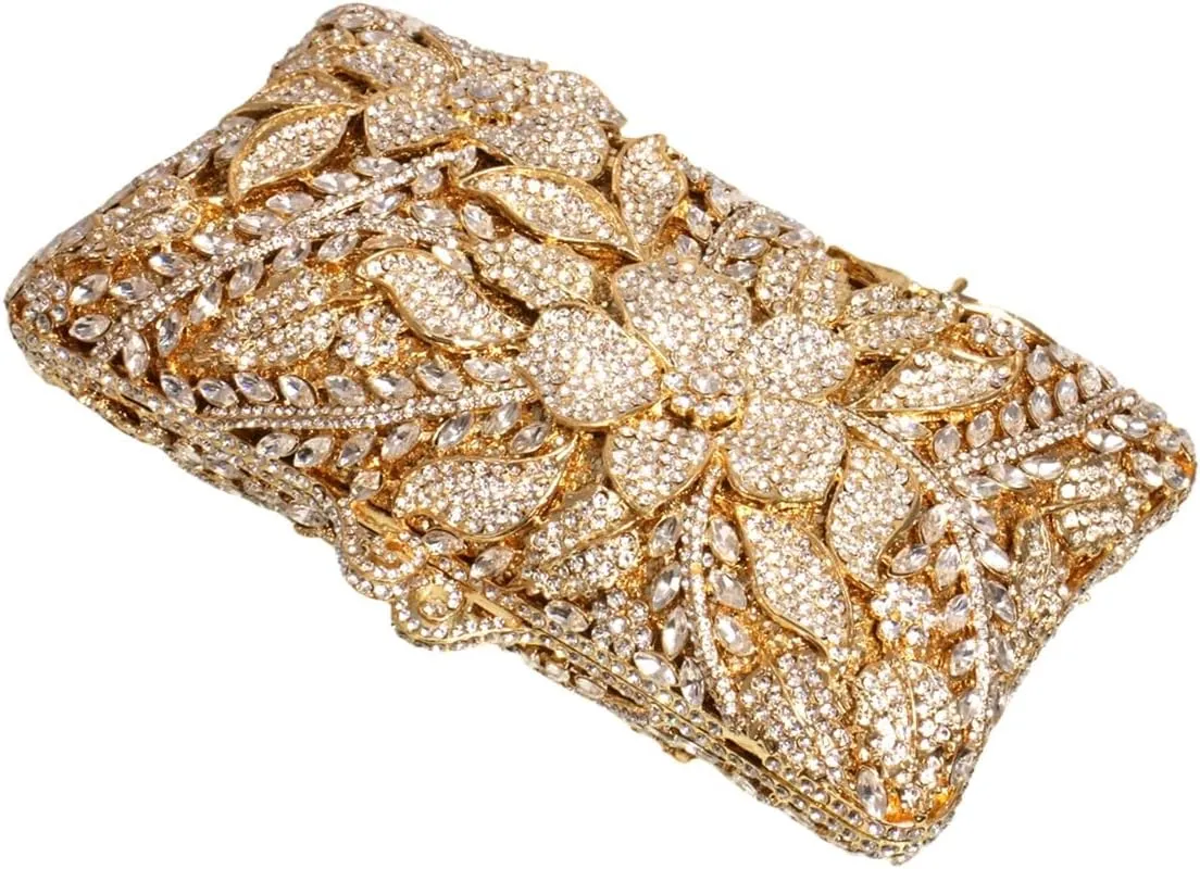 Women Elegant Floral Crystal Evening Bag Sparkling Flower Rhinestones Handbags Diamond Purse for Wedding Prom Party