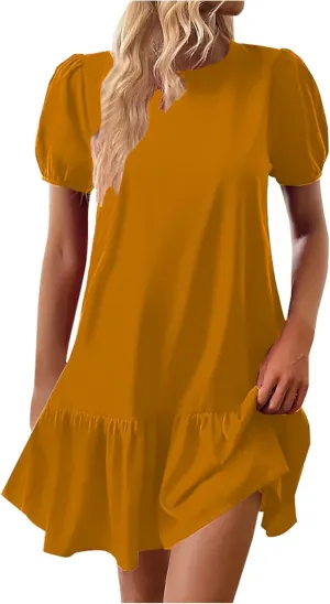 Women Elegant Puff Short Sleeved Mini Dress 2025 Summer Women Beach Casual Fashion Ruffle Hem Party Dress A-Line