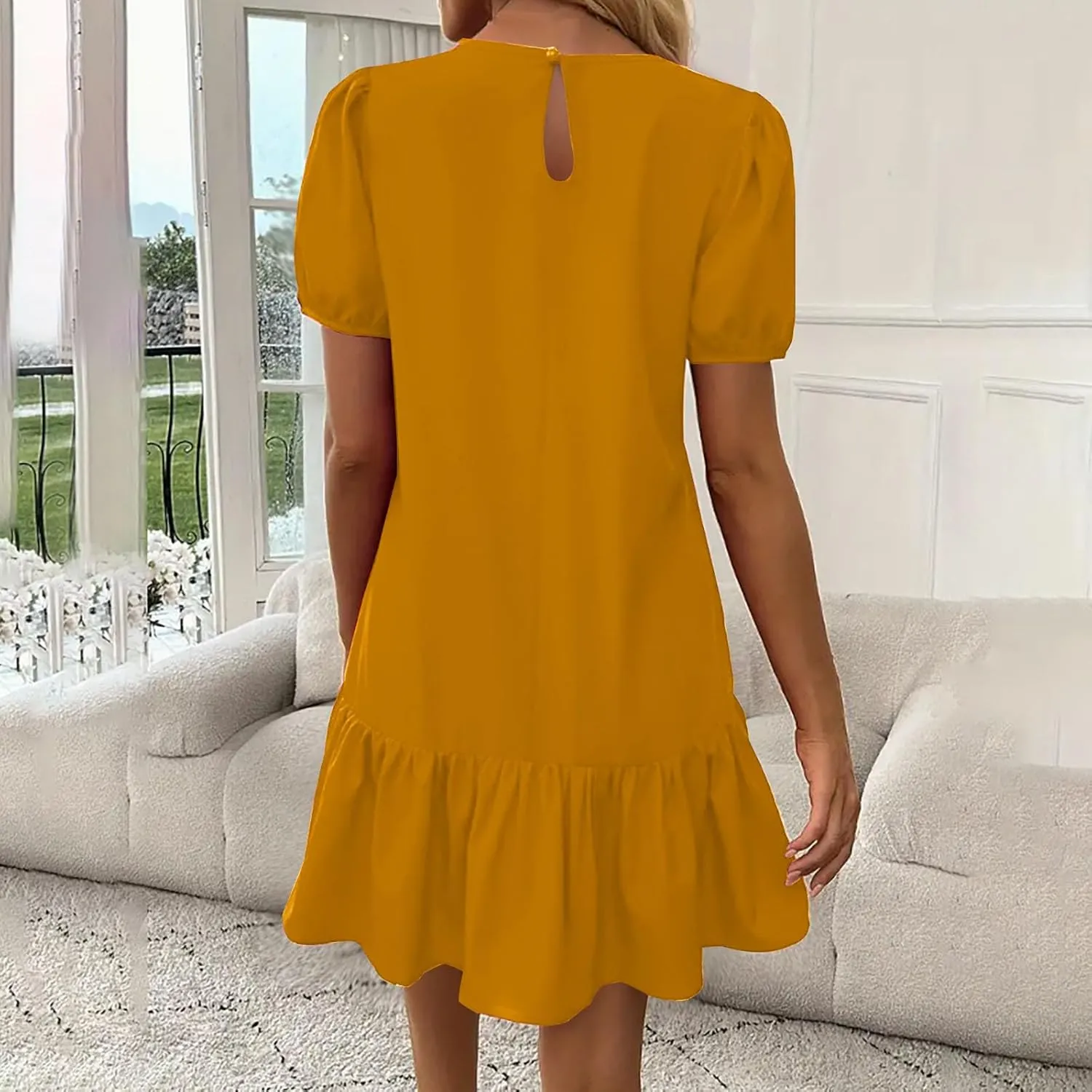 Women Elegant Puff Short Sleeved Mini Dress 2025 Summer Women Beach Casual Fashion Ruffle Hem Party Dress A-Line