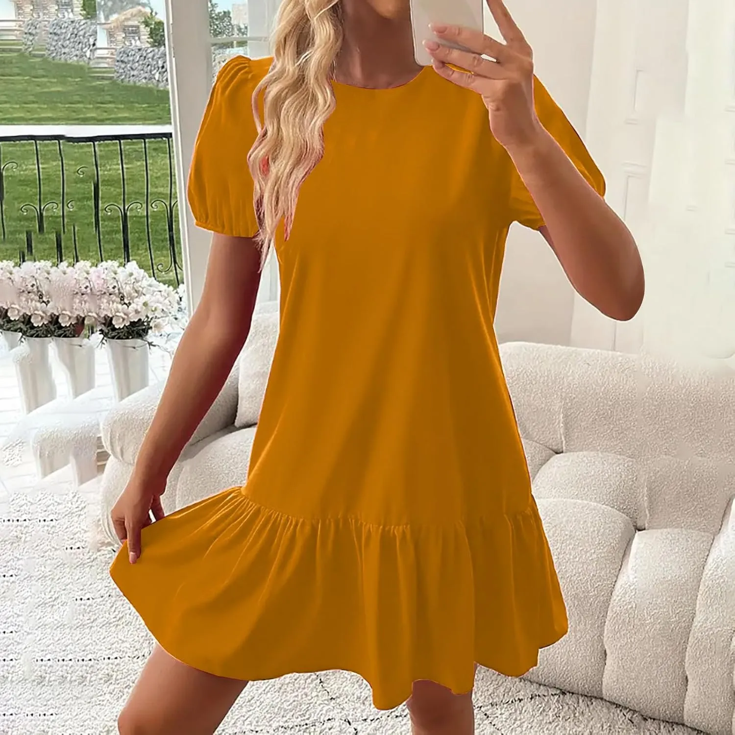 Women Elegant Puff Short Sleeved Mini Dress 2025 Summer Women Beach Casual Fashion Ruffle Hem Party Dress A-Line