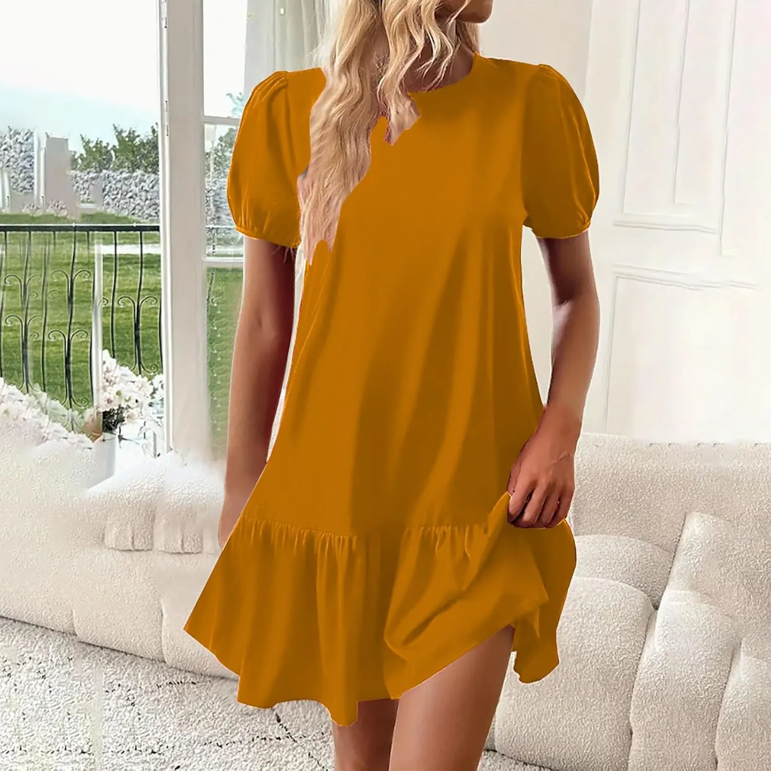 Women Elegant Puff Short Sleeved Mini Dress 2025 Summer Women Beach Casual Fashion Ruffle Hem Party Dress A-Line