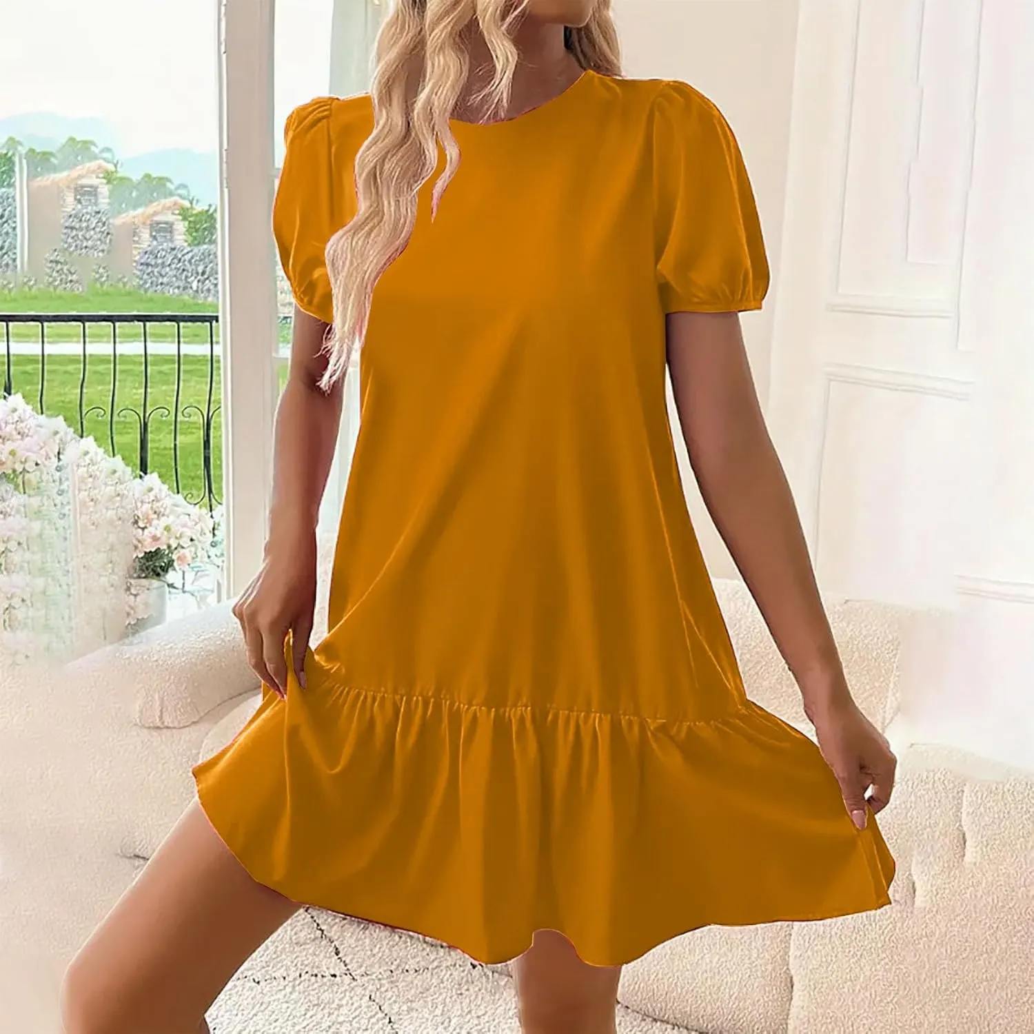 Women Elegant Puff Short Sleeved Mini Dress 2025 Summer Women Beach Casual Fashion Ruffle Hem Party Dress A-Line