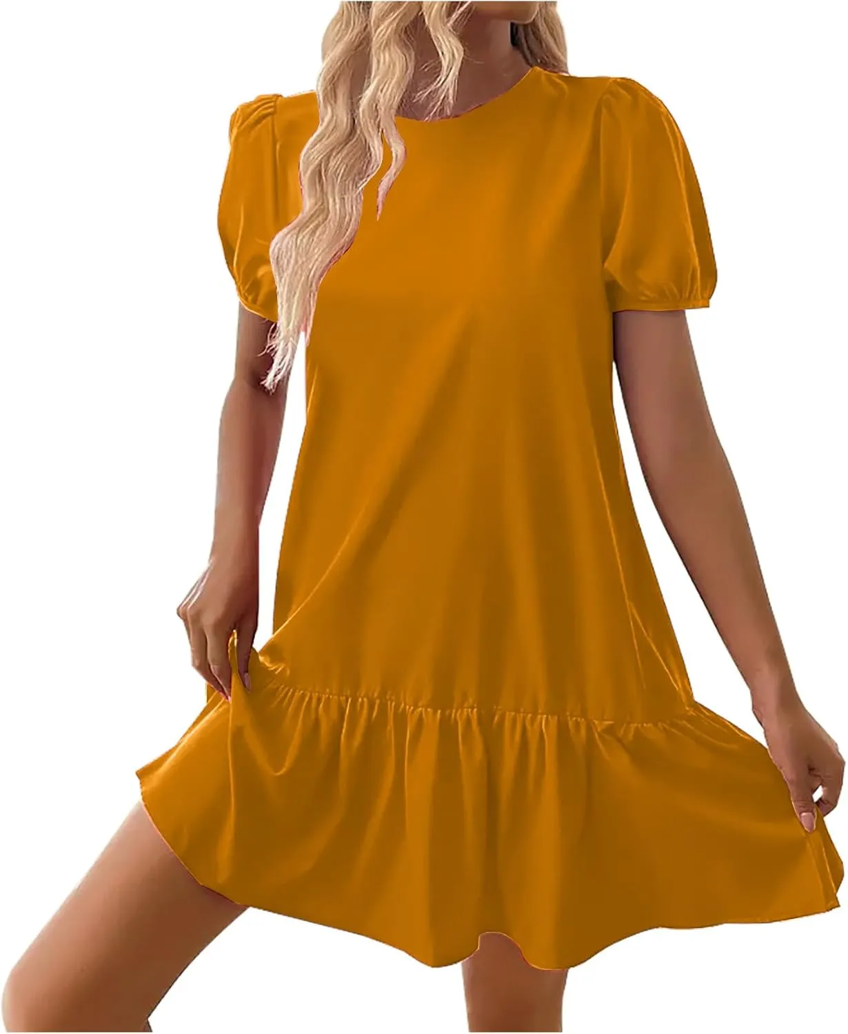 Women Elegant Puff Short Sleeved Mini Dress 2025 Summer Women Beach Casual Fashion Ruffle Hem Party Dress A-Line