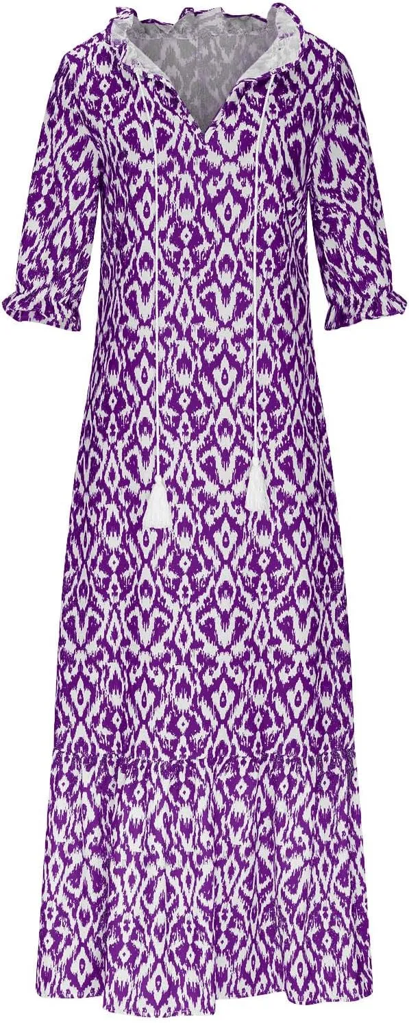 Women Floral Maxi Dress Summer Swing Flowy Womens Dresses Casual Short Sleeve Boho Beach Dress 2025 Vacation Clothes