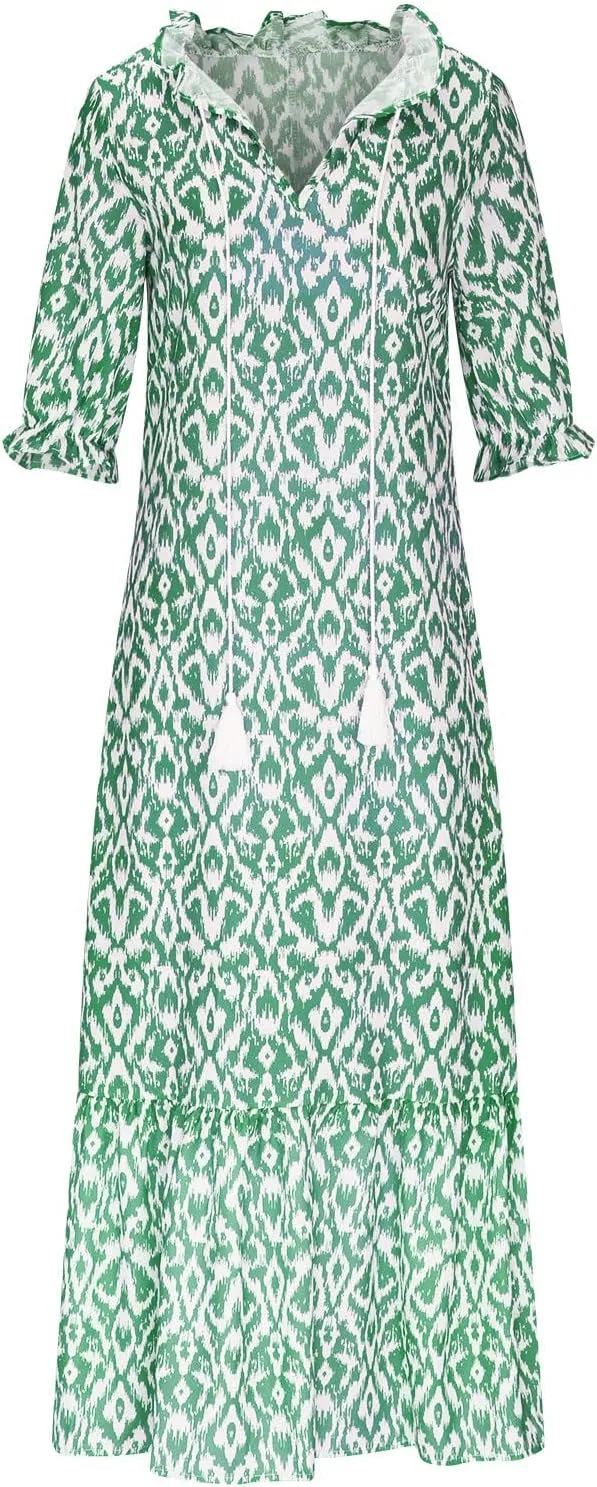 Women Floral Maxi Dress Summer Swing Flowy Womens Dresses Casual Short Sleeve Boho Beach Dress 2025 Vacation Clothes