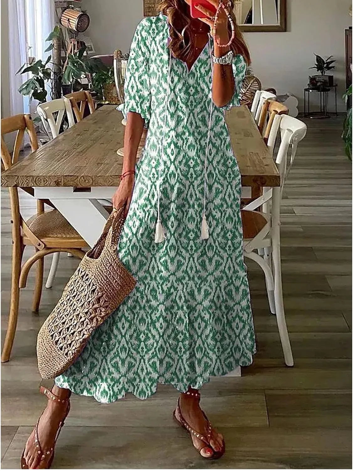 Women Floral Maxi Dress Summer Swing Flowy Womens Dresses Casual Short Sleeve Boho Beach Dress 2025 Vacation Clothes