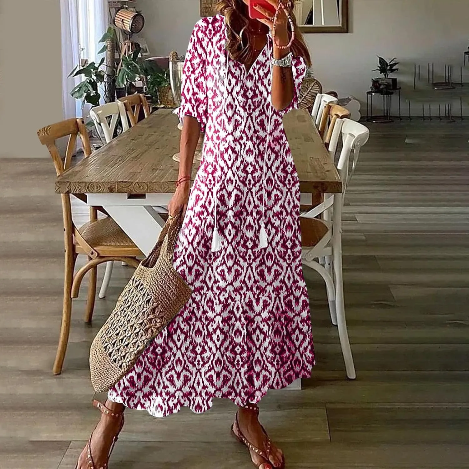 Women Floral Maxi Dress Summer Swing Flowy Womens Dresses Casual Short Sleeve Boho Beach Dress 2025 Vacation Clothes