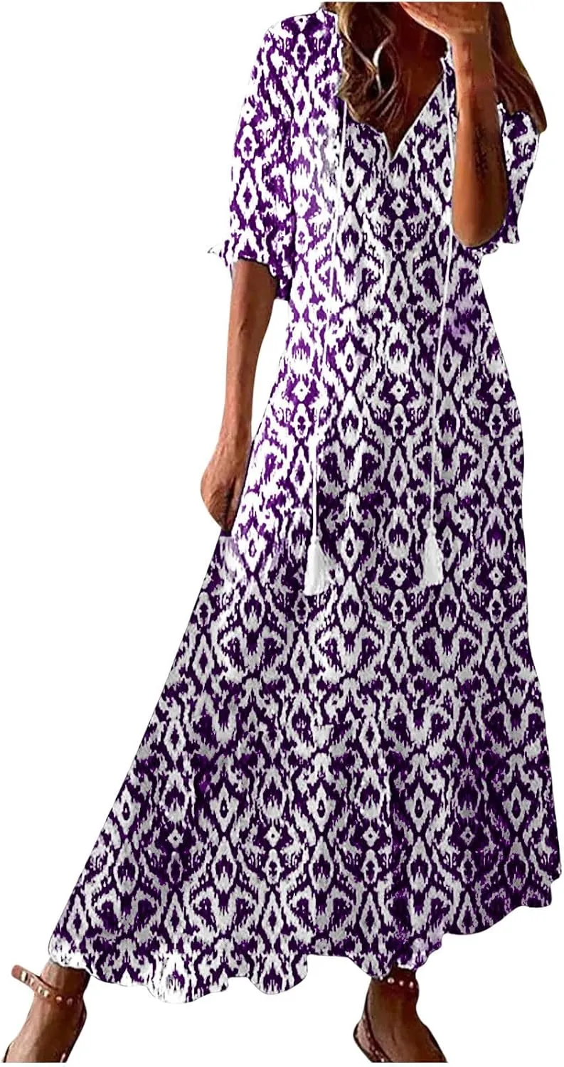 Women Floral Maxi Dress Summer Swing Flowy Womens Dresses Casual Short Sleeve Boho Beach Dress 2025 Vacation Clothes
