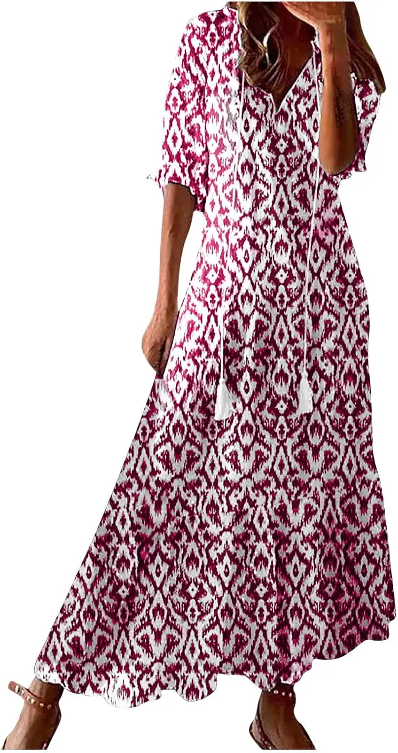 Women Floral Maxi Dress Summer Swing Flowy Womens Dresses Casual Short Sleeve Boho Beach Dress 2025 Vacation Clothes