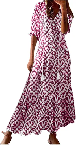 Women Floral Maxi Dress Summer Swing Flowy Womens Dresses Casual Short Sleeve Boho Beach Dress 2025 Vacation Clothes