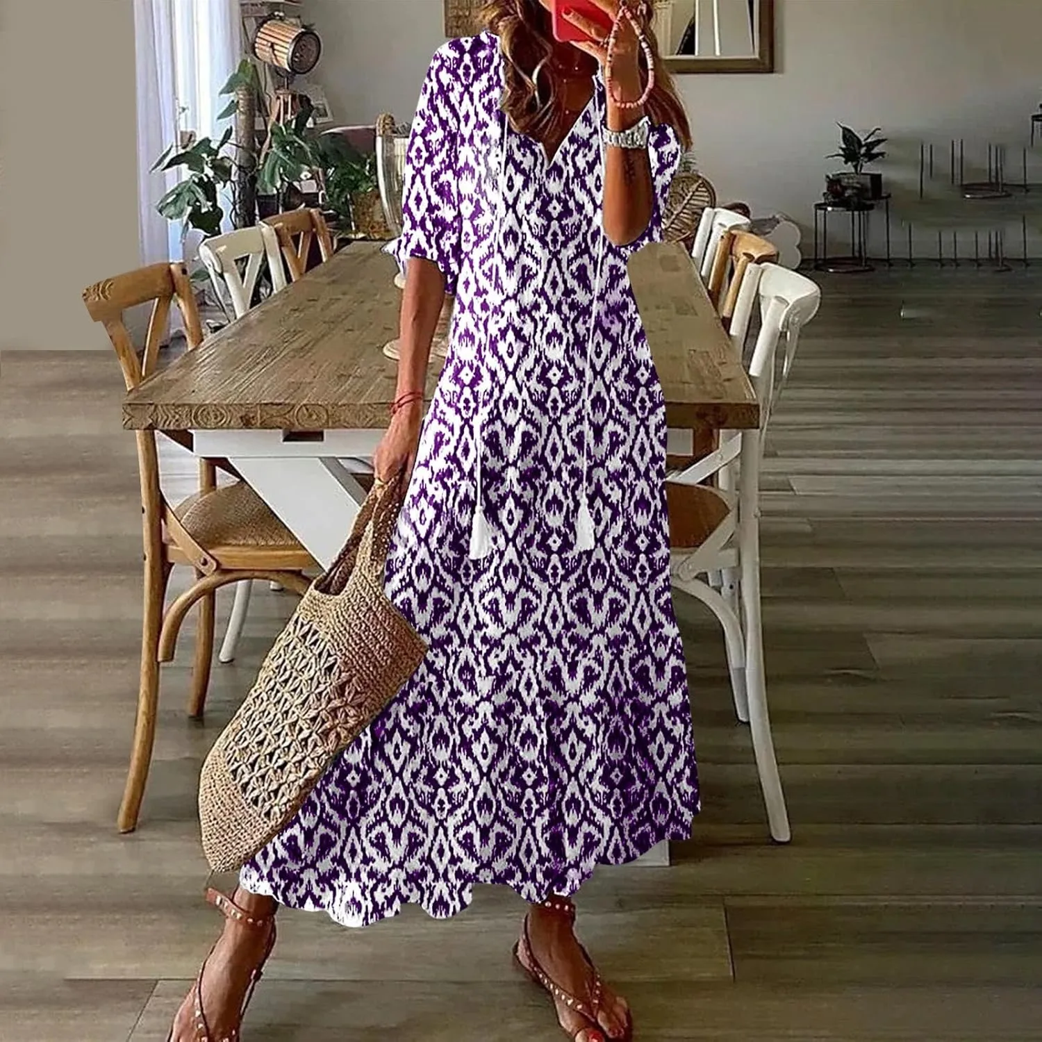 Women Floral Maxi Dress Summer Swing Flowy Womens Dresses Casual Short Sleeve Boho Beach Dress 2025 Vacation Clothes