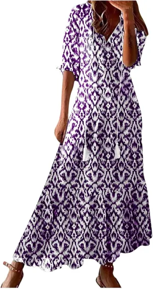 Women Floral Maxi Dress Summer Swing Flowy Womens Dresses Casual Short Sleeve Boho Beach Dress 2025 Vacation Clothes