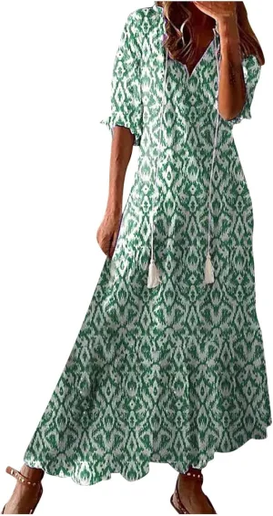 Women Floral Maxi Dress Summer Swing Flowy Womens Dresses Casual Short Sleeve Boho Beach Dress 2025 Vacation Clothes