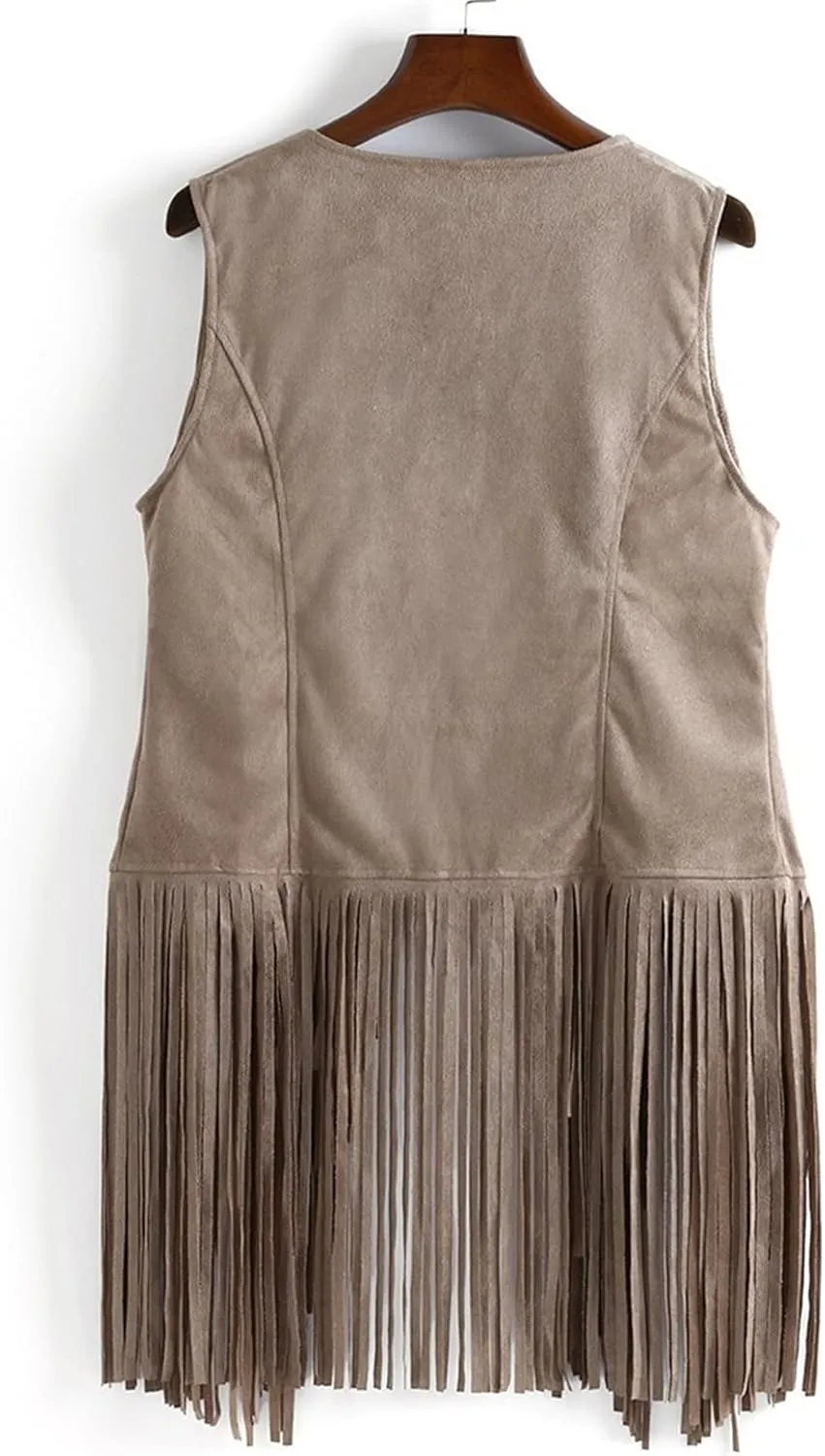 Women Fringe Vest 70S Hippie Faux Suede Open-Front Vintage Vest Sleeveless Tassel Cardigan Waistcoat Western Jacket