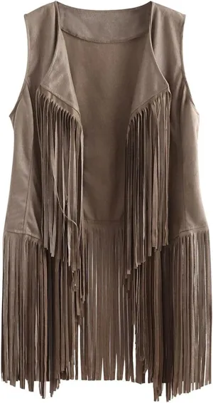 Women Fringe Vest 70S Hippie Faux Suede Open-Front Vintage Vest Sleeveless Tassel Cardigan Waistcoat Western Jacket
