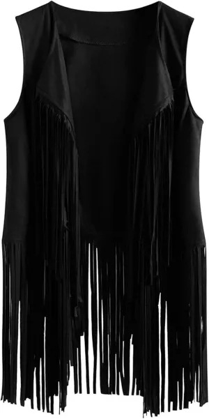 Women Fringe Vest 70S Hippie Faux Suede Open-Front Vintage Vest Sleeveless Tassel Cardigan Waistcoat Western Jacket