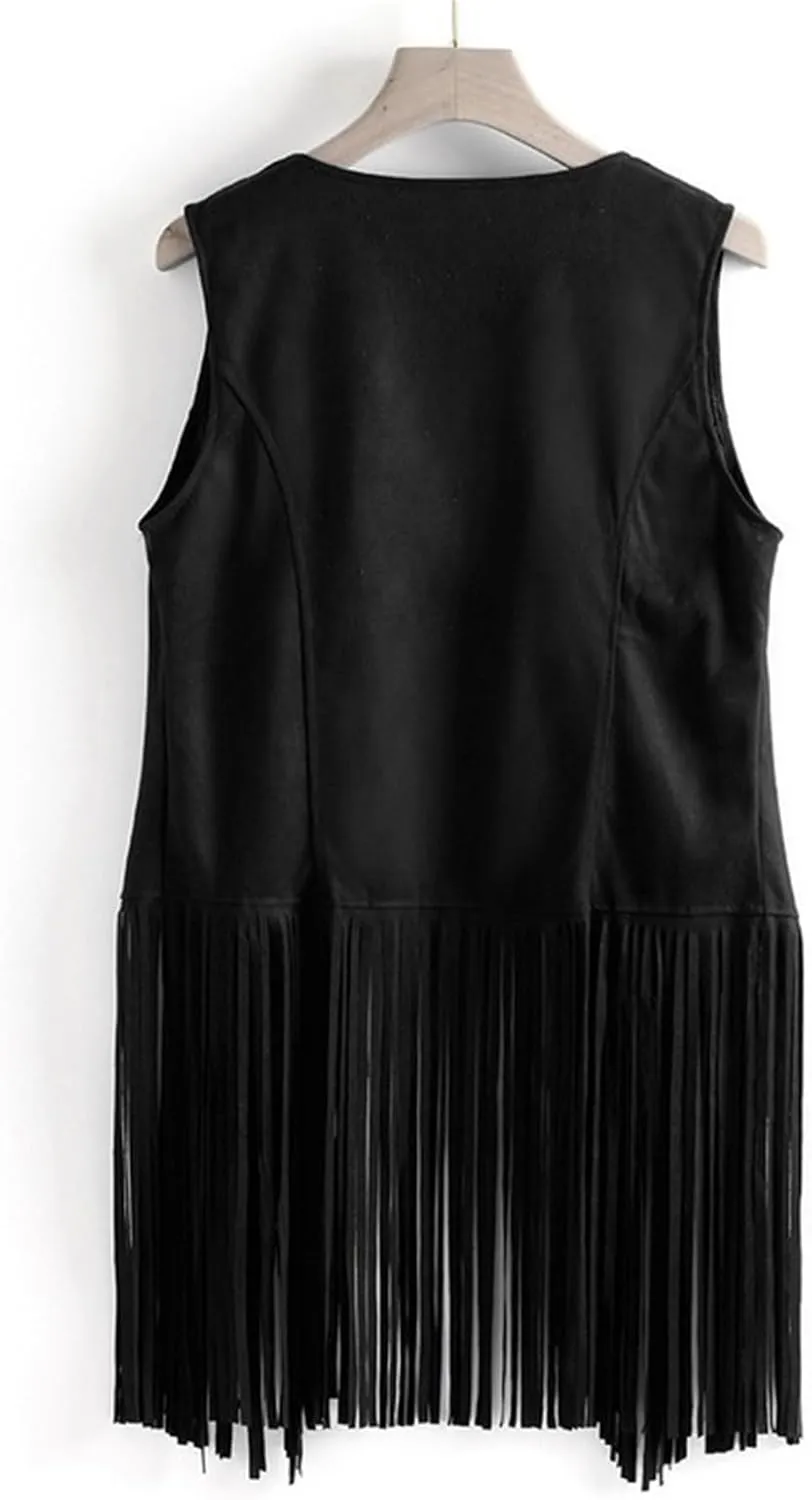Women Fringe Vest 70S Hippie Faux Suede Open-Front Vintage Vest Sleeveless Tassel Cardigan Waistcoat Western Jacket