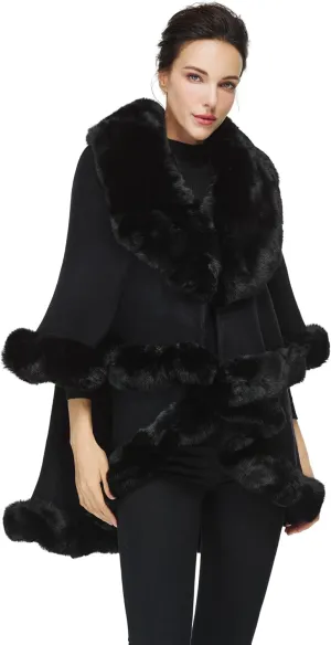 Women Poncho Cape Faux Fur Shawl Wrap Winter Faux Fur Trim Coat Sleeveless Cardigan Dressy Cloak