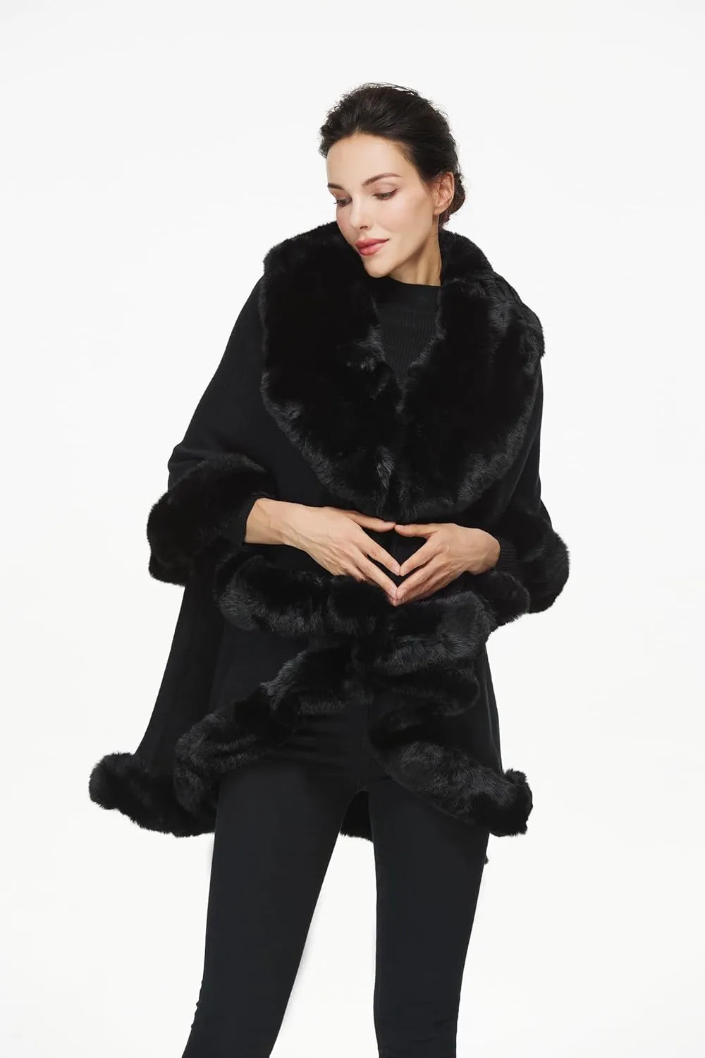 Women Poncho Cape Faux Fur Shawl Wrap Winter Faux Fur Trim Coat Sleeveless Cardigan Dressy Cloak