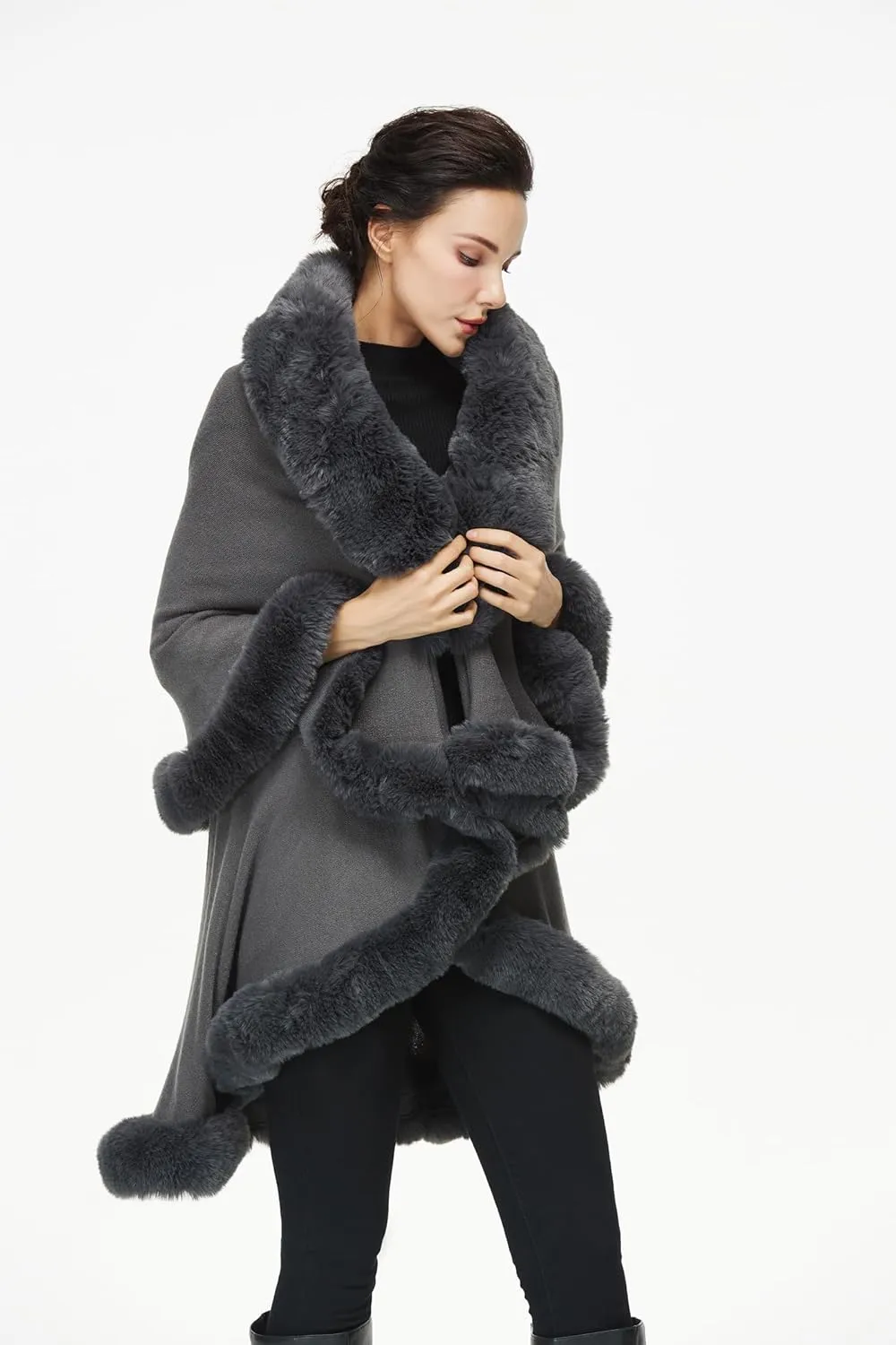 Women Poncho Cape Faux Fur Shawl Wrap Winter Faux Fur Trim Coat Sleeveless Cardigan Dressy Cloak