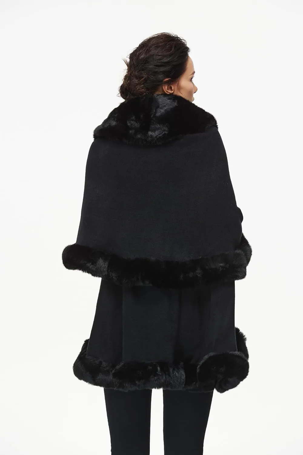 Women Poncho Cape Faux Fur Shawl Wrap Winter Faux Fur Trim Coat Sleeveless Cardigan Dressy Cloak