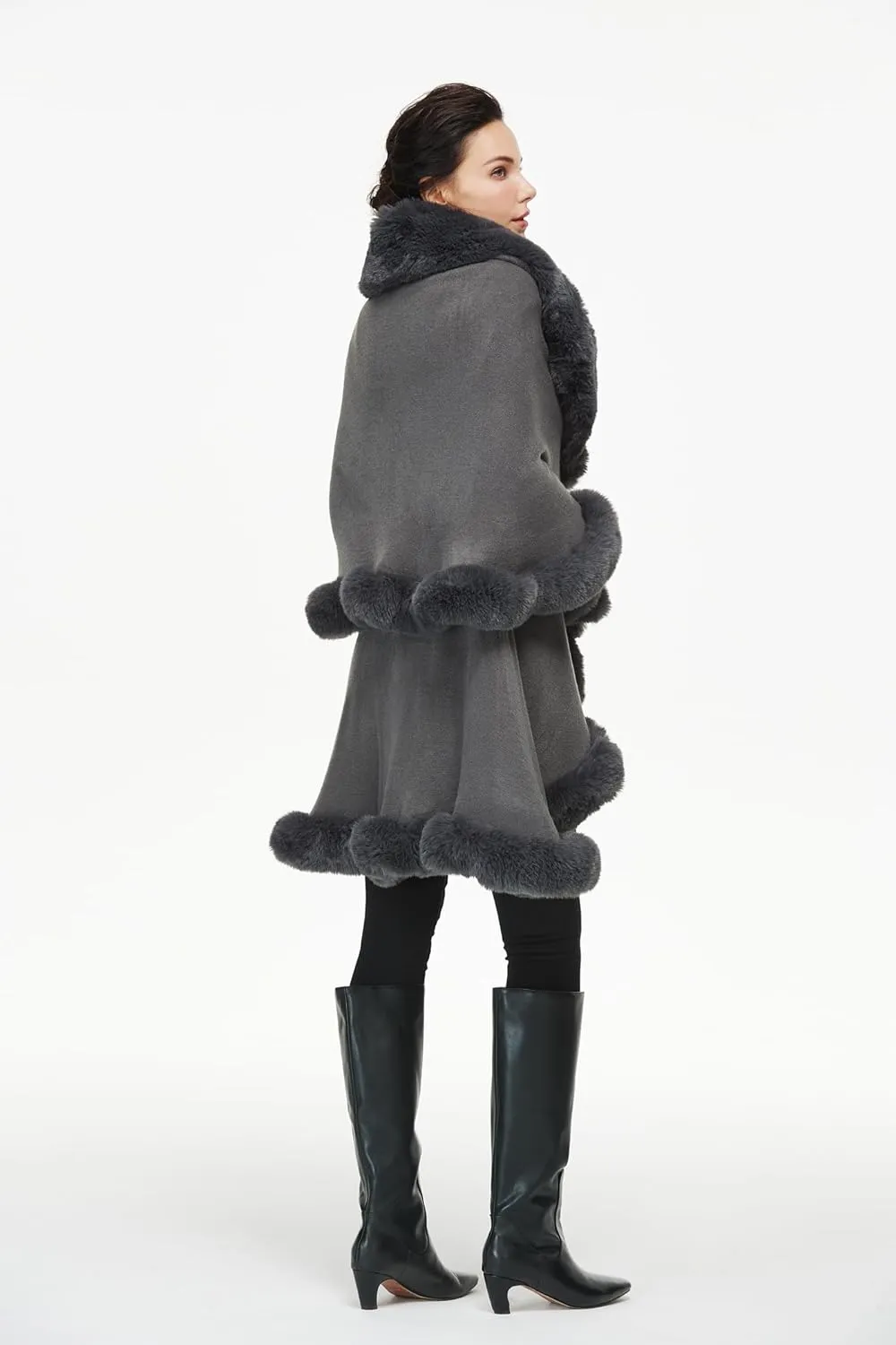 Women Poncho Cape Faux Fur Shawl Wrap Winter Faux Fur Trim Coat Sleeveless Cardigan Dressy Cloak