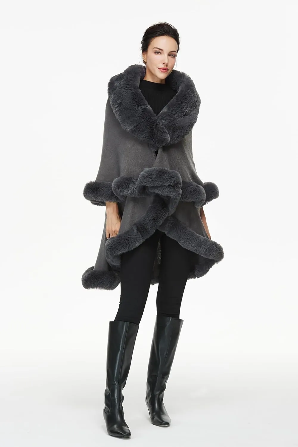 Women Poncho Cape Faux Fur Shawl Wrap Winter Faux Fur Trim Coat Sleeveless Cardigan Dressy Cloak