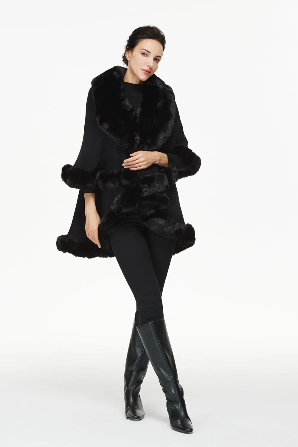 Women Poncho Cape Faux Fur Shawl Wrap Winter Faux Fur Trim Coat Sleeveless Cardigan Dressy Cloak