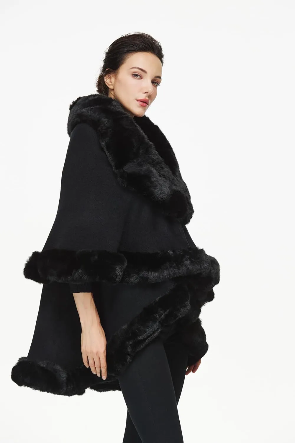 Women Poncho Cape Faux Fur Shawl Wrap Winter Faux Fur Trim Coat Sleeveless Cardigan Dressy Cloak