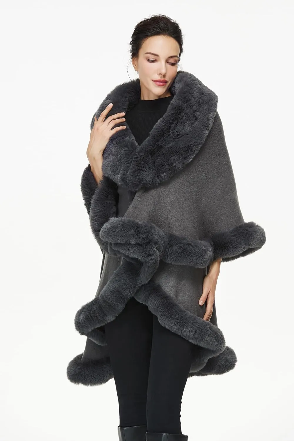 Women Poncho Cape Faux Fur Shawl Wrap Winter Faux Fur Trim Coat Sleeveless Cardigan Dressy Cloak