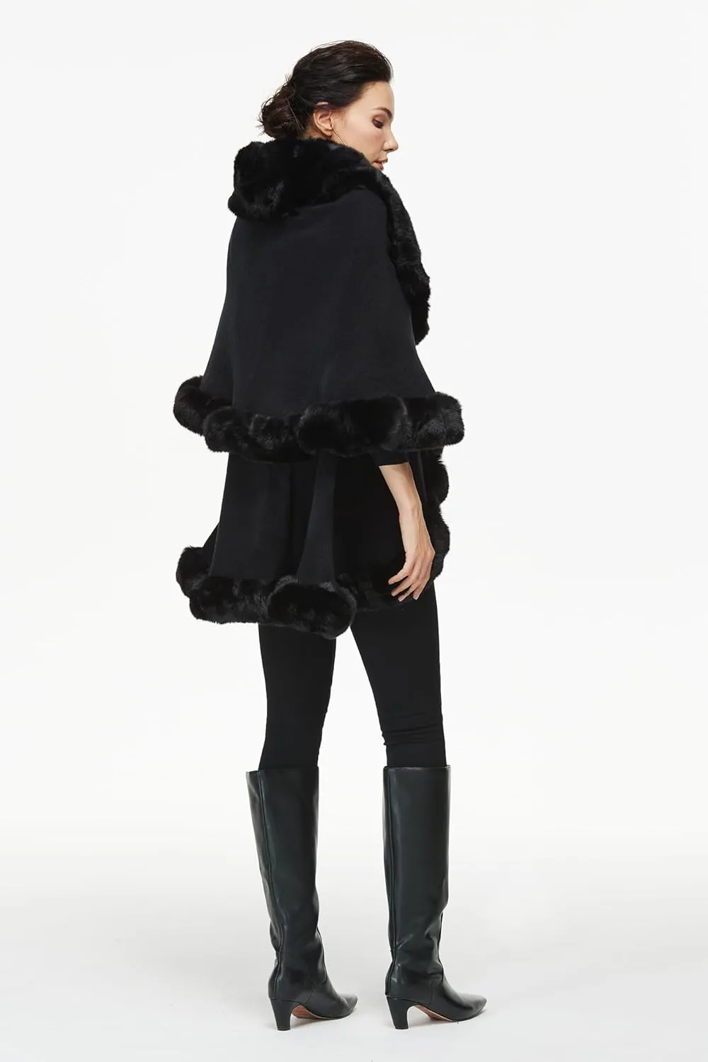 Women Poncho Cape Faux Fur Shawl Wrap Winter Faux Fur Trim Coat Sleeveless Cardigan Dressy Cloak