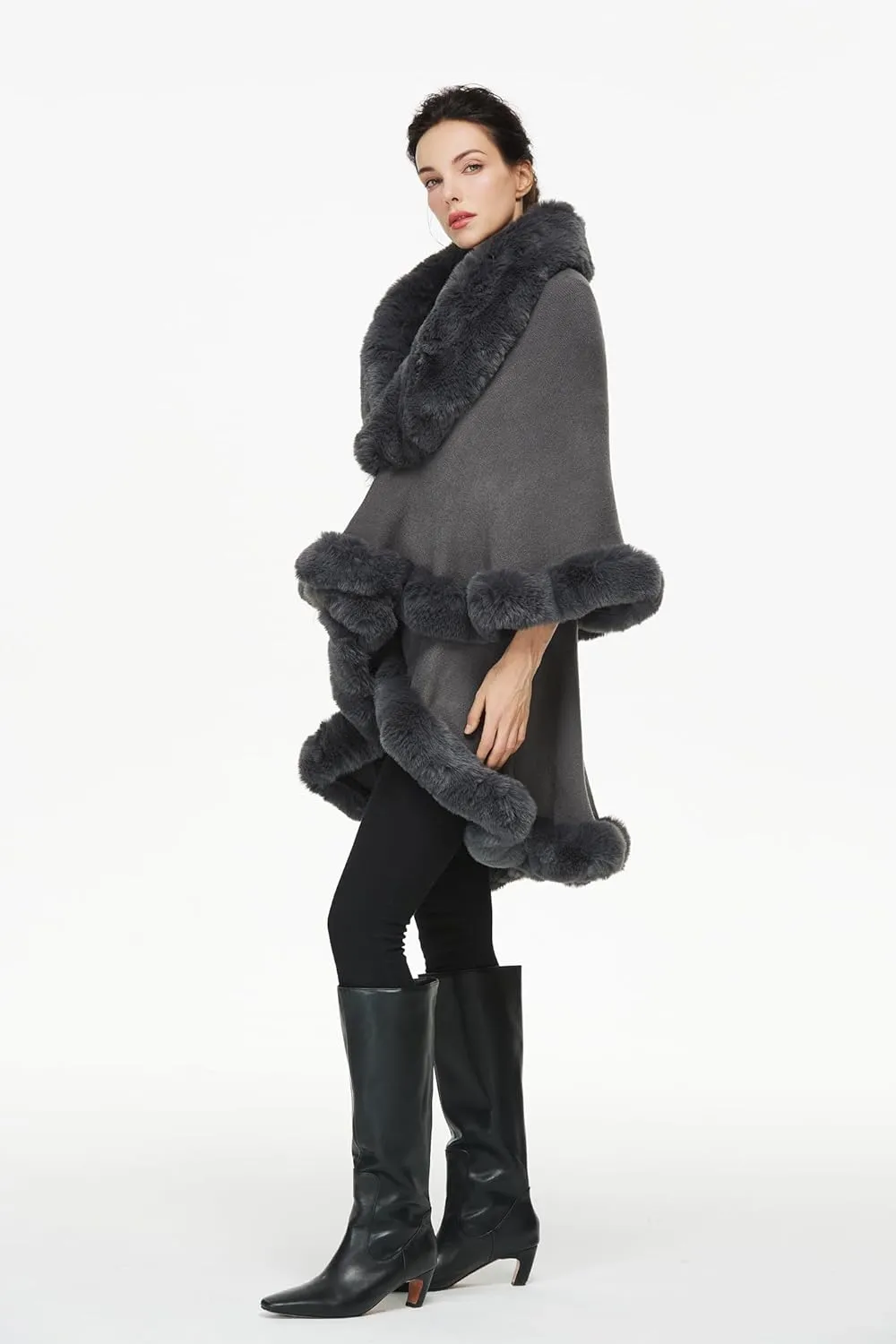 Women Poncho Cape Faux Fur Shawl Wrap Winter Faux Fur Trim Coat Sleeveless Cardigan Dressy Cloak