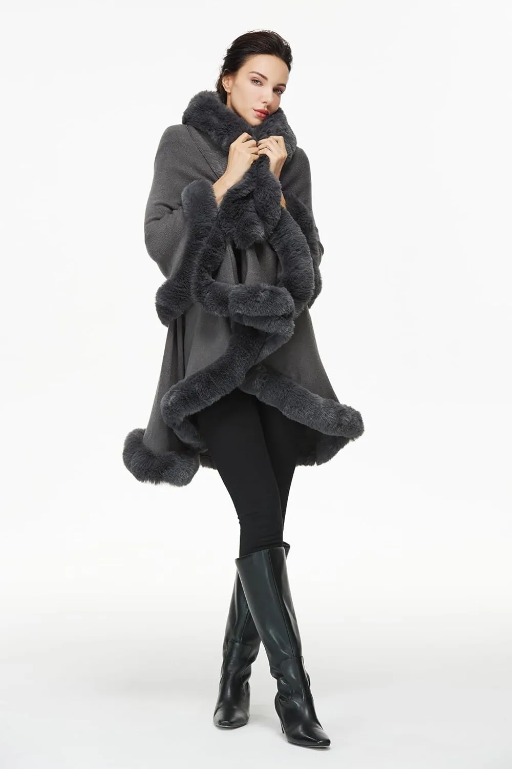 Women Poncho Cape Faux Fur Shawl Wrap Winter Faux Fur Trim Coat Sleeveless Cardigan Dressy Cloak