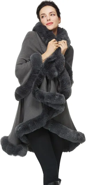 Women Poncho Cape Faux Fur Shawl Wrap Winter Faux Fur Trim Coat Sleeveless Cardigan Dressy Cloak