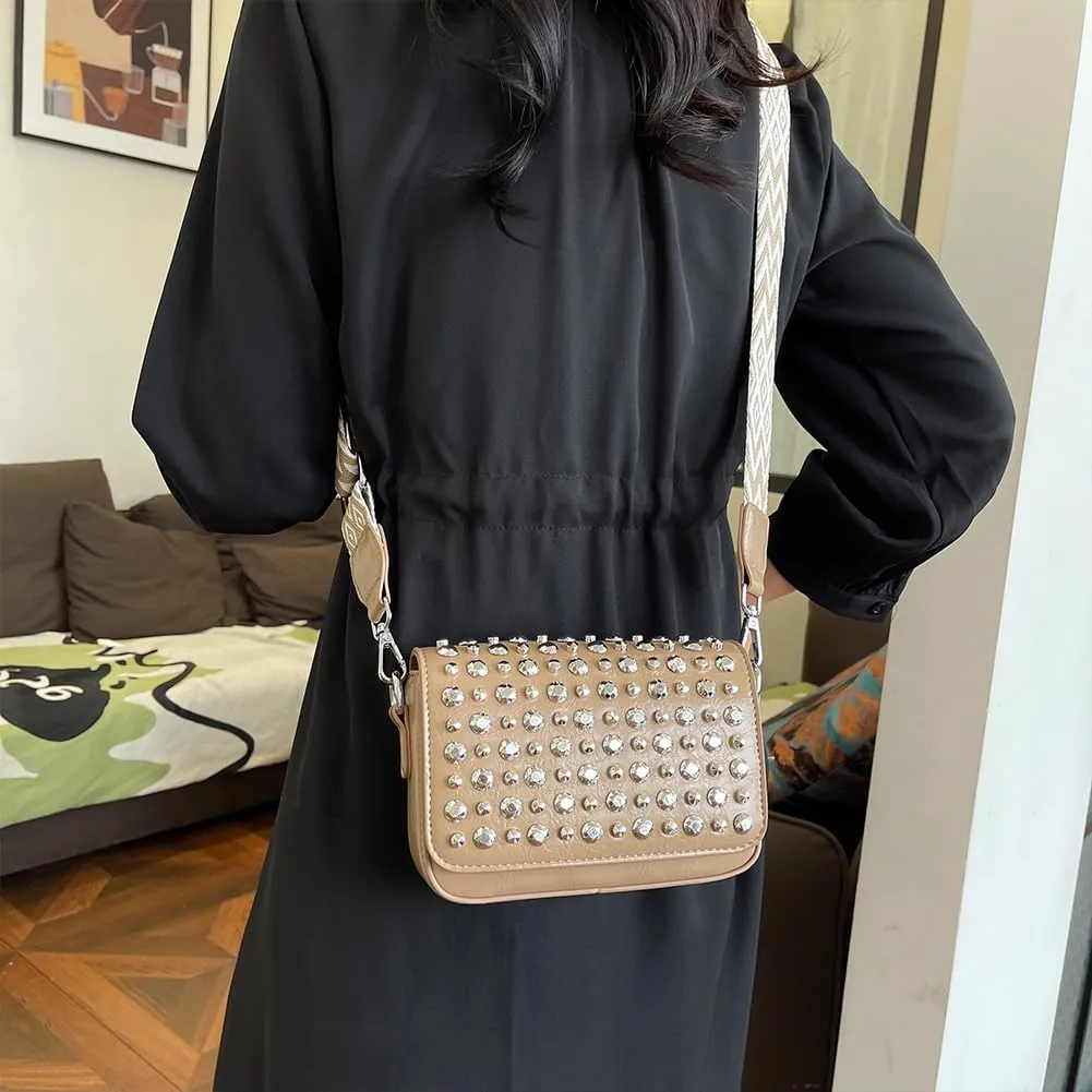 Women Rivet Chain Handbag Studded Punk Purse Crossbody Y2K Shoulder Bag Designer Handbags Flap Satchel 2000s Black