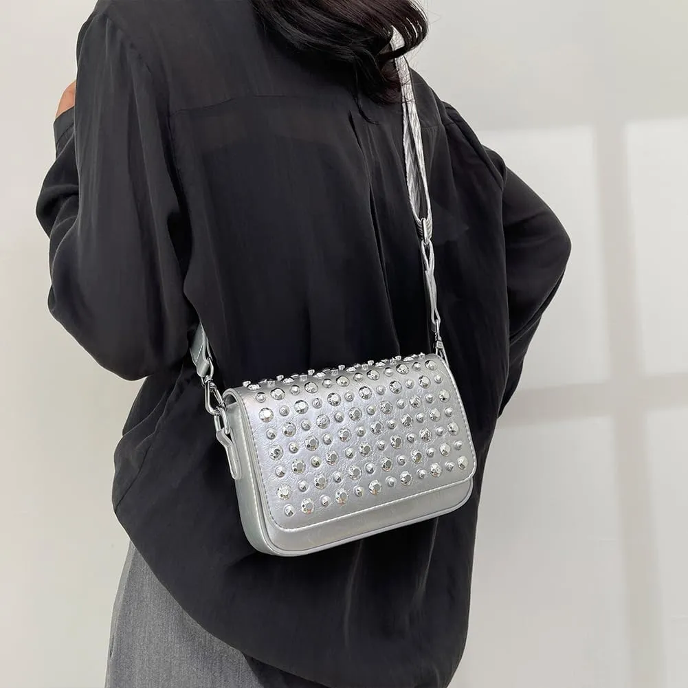 Women Rivet Chain Handbag Studded Punk Purse Crossbody Y2K Shoulder Bag Designer Handbags Flap Satchel 2000s Black