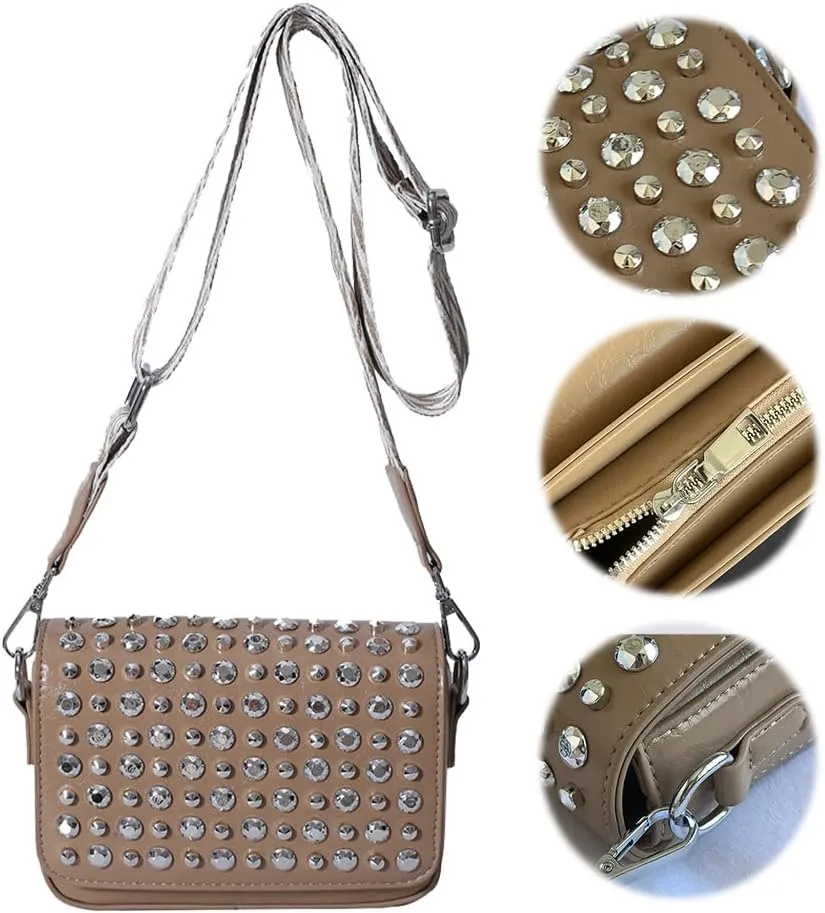 Women Rivet Chain Handbag Studded Punk Purse Crossbody Y2K Shoulder Bag Designer Handbags Flap Satchel 2000s Black