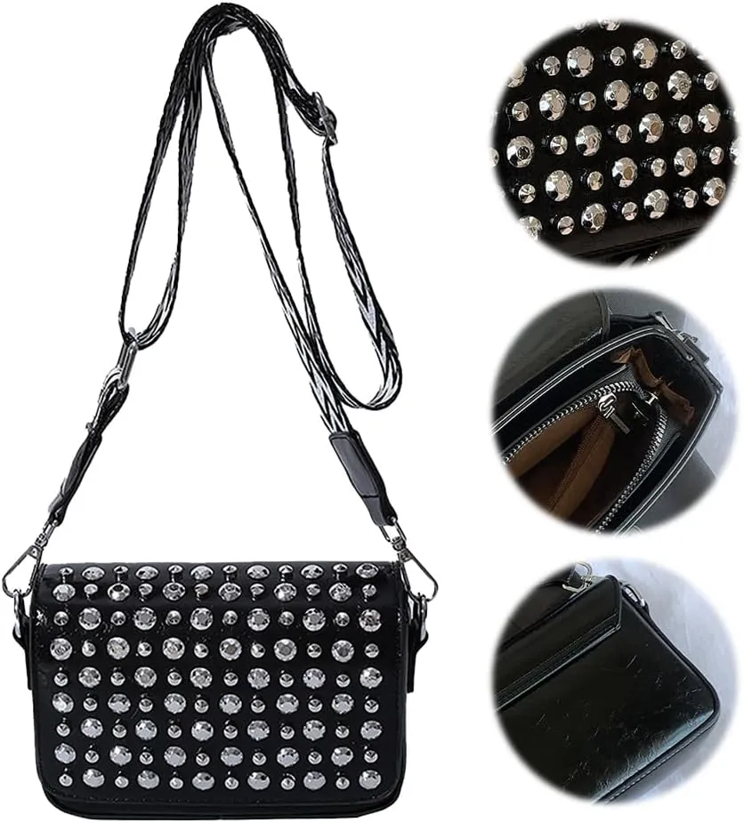 Women Rivet Chain Handbag Studded Punk Purse Crossbody Y2K Shoulder Bag Designer Handbags Flap Satchel 2000s Black