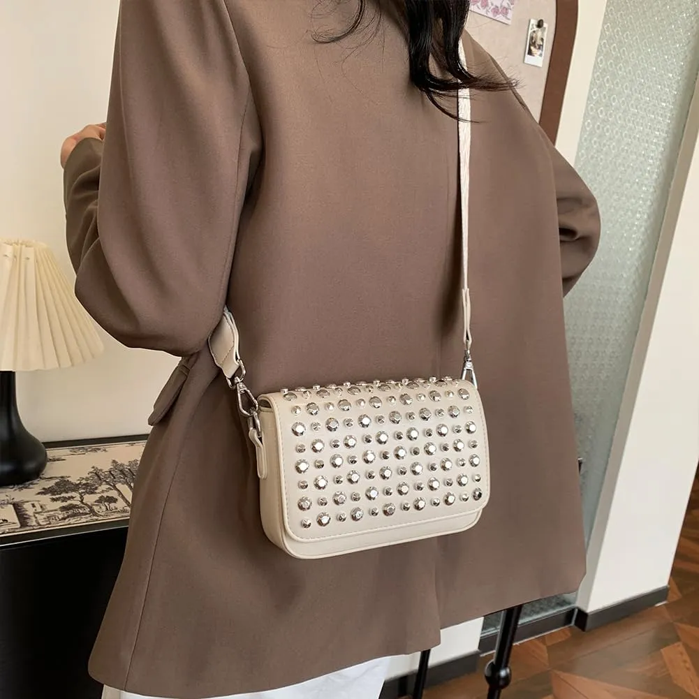 Women Rivet Chain Handbag Studded Punk Purse Crossbody Y2K Shoulder Bag Designer Handbags Flap Satchel 2000s Black